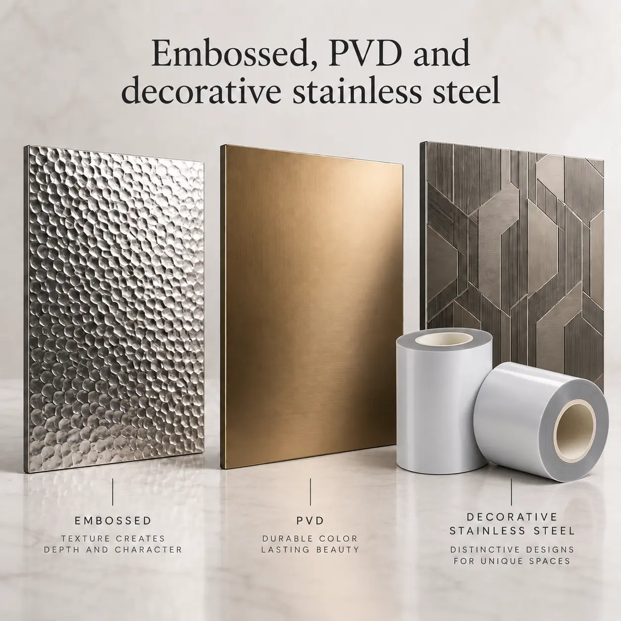 Embossed, PVD and decorative stainless steel Use protective film