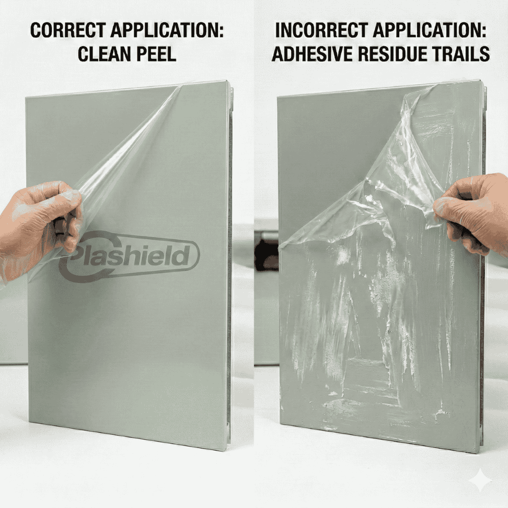 color coated steel protective film compatibility comparison — clean peel vs adhesive residue on PVDF panel
