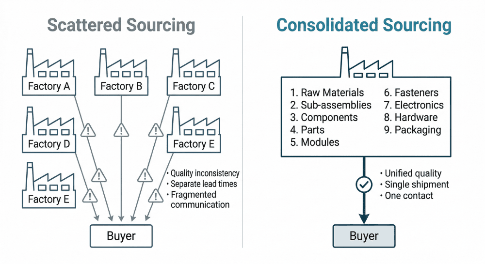 One-stop protective film sourcing vs scattered multi-supplier procurement comparison diagram