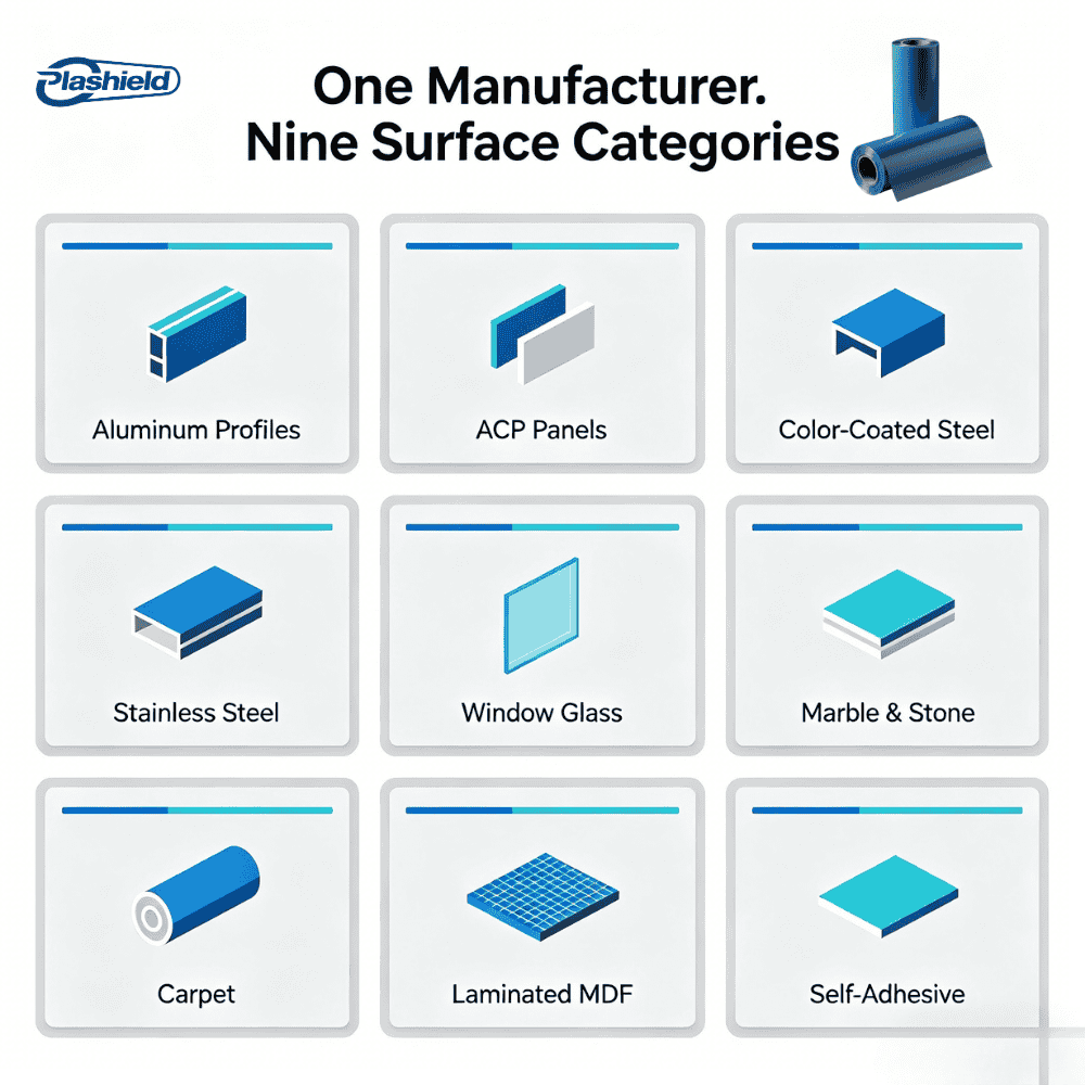 Plashield one-stop PE protective film supplier — 9 categories including aluminum, steel, glass and marble