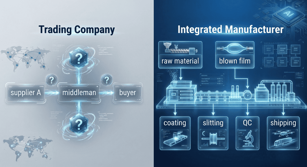 Manufacturer vs trading company supply chain — integrated PE protective film production comparison