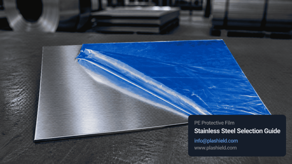PE protective film applied to brushed stainless steel sheet in industrial fabrication setting