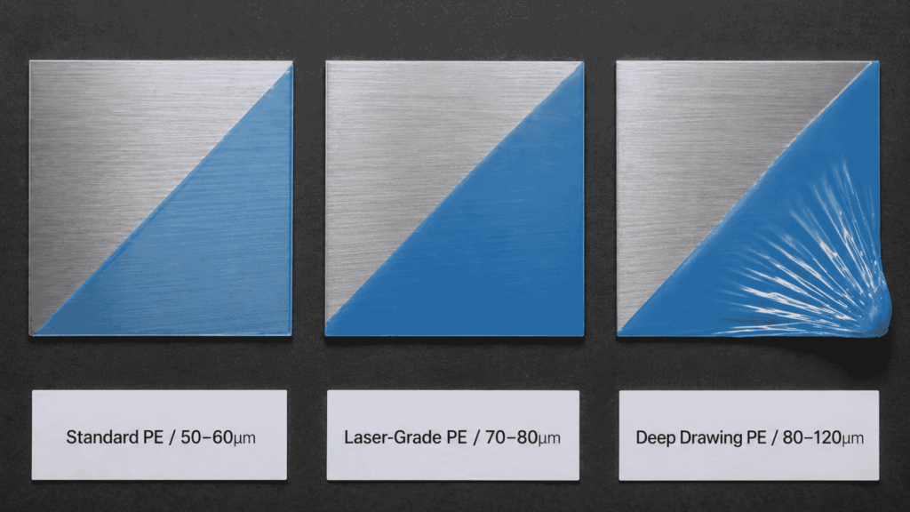 Three grades of PE protective film for stainless steel: standard, laser-grade, and deep drawing
