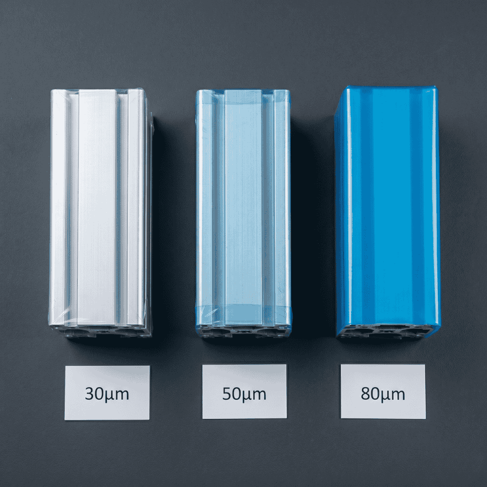 Comparison of 30, 50, and 80 micron protective film thickness on aluminum profiles for CNC machining