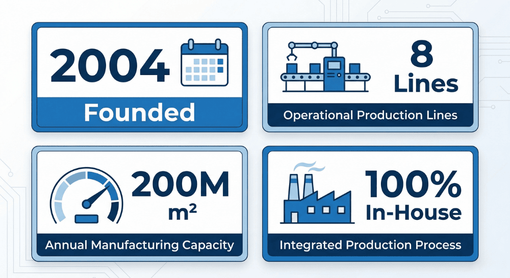 Plashield PE protective film manufacturer credentials — founded 2004, 8 production lines, 200 million m² capacity