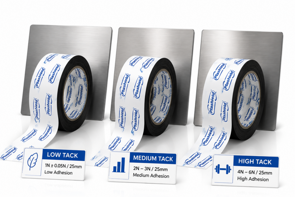 Plashield PE protective film three tack grades for stainless steel — low, medium, high tack rolls