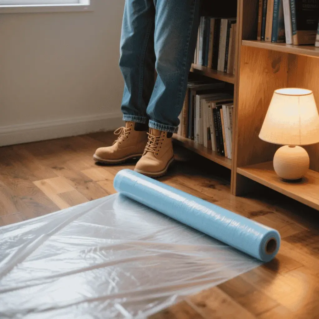 Self-adhesive floor protection film installed during renovation to protect wood floor from paint spills