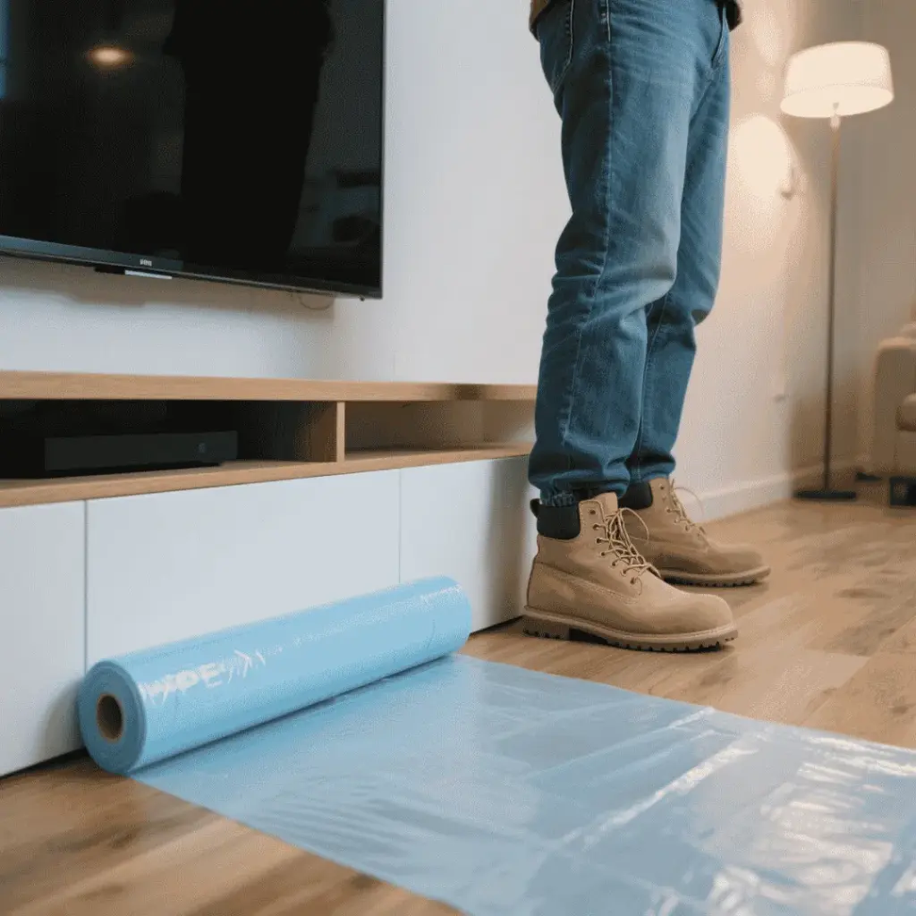 Temporary floor protection film covering finished tile floor during construction handover inspection