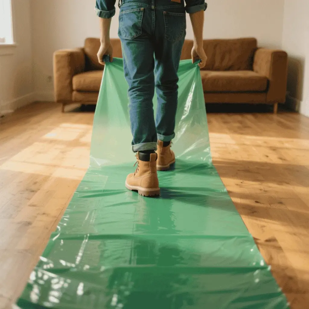 Blue hard surface protection film protecting commercial tile floor during property maintenance