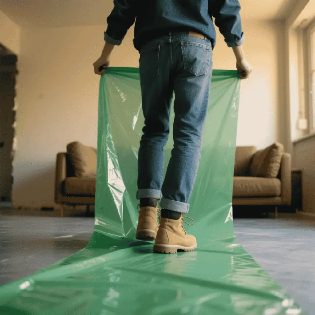Heavy-duty floor protection film on construction site protecting newly installed hard floor from debris