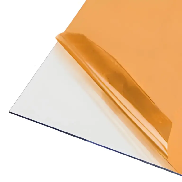 Brown PE protective film peeling from a clear PMMA acrylic sheet
