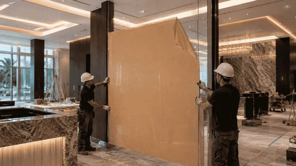 Workers installing a brown-film-protected acrylic panel during hotel renovation