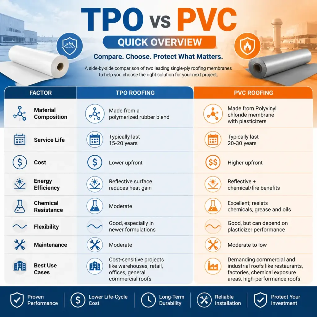 Infographic comparing TPO vs PVC roofing cost, lifespan, and chemical resistance