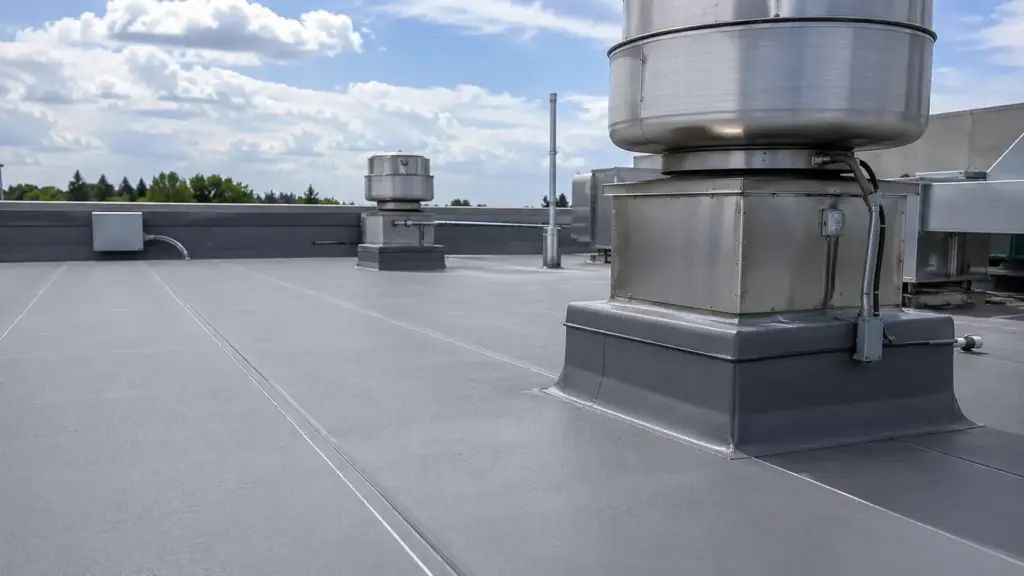 Grey PVC roofing membrane installed near industrial kitchen exhaust for chemical resistance