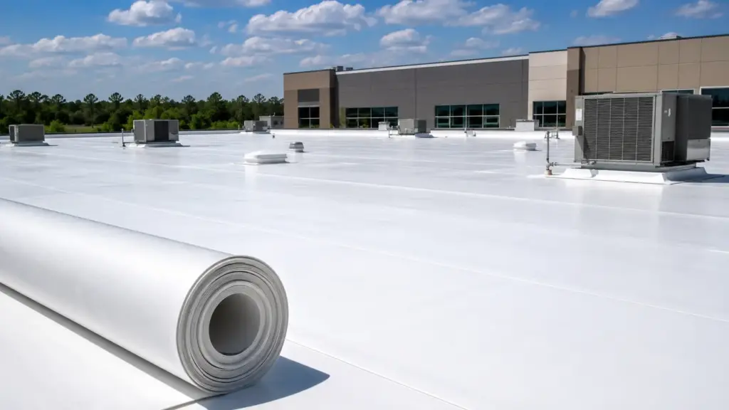 White TPO roofing membrane being installed with hot-air welding on commercial rooftop
